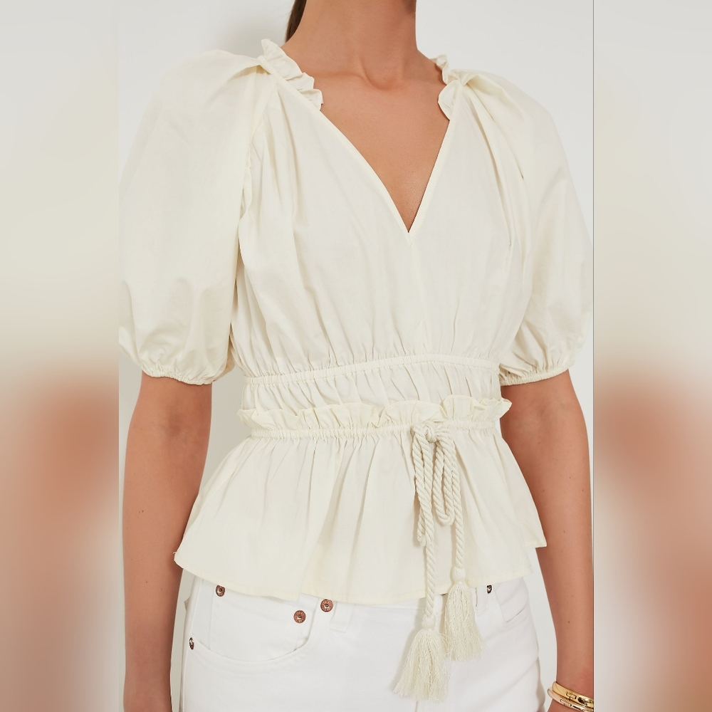Moon river off white puff sleeve blouse with tassel